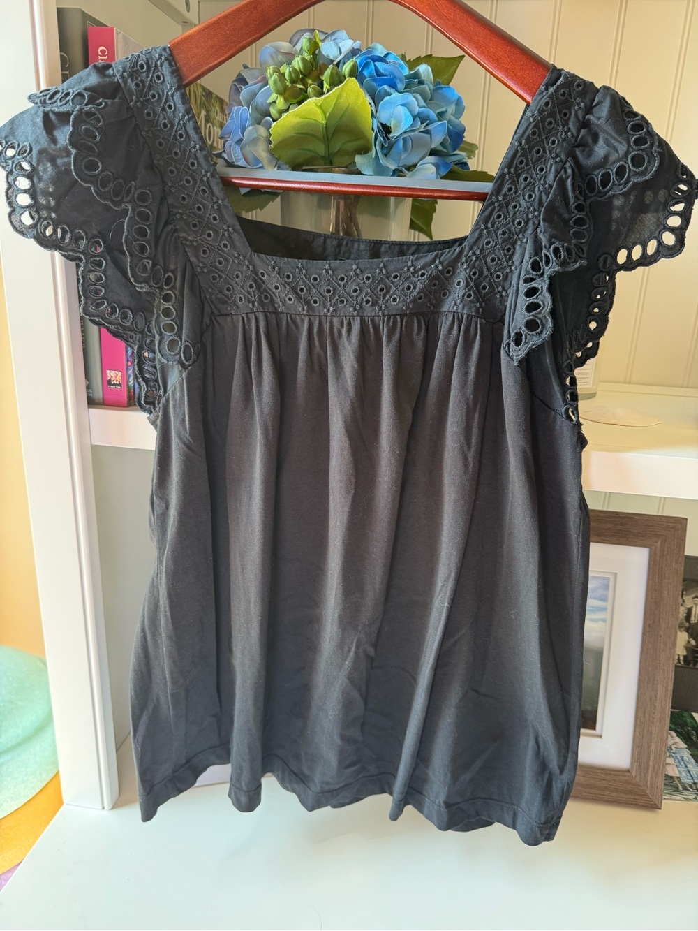 J. Crew Black Eyelet Flutter Sleeve Blouse